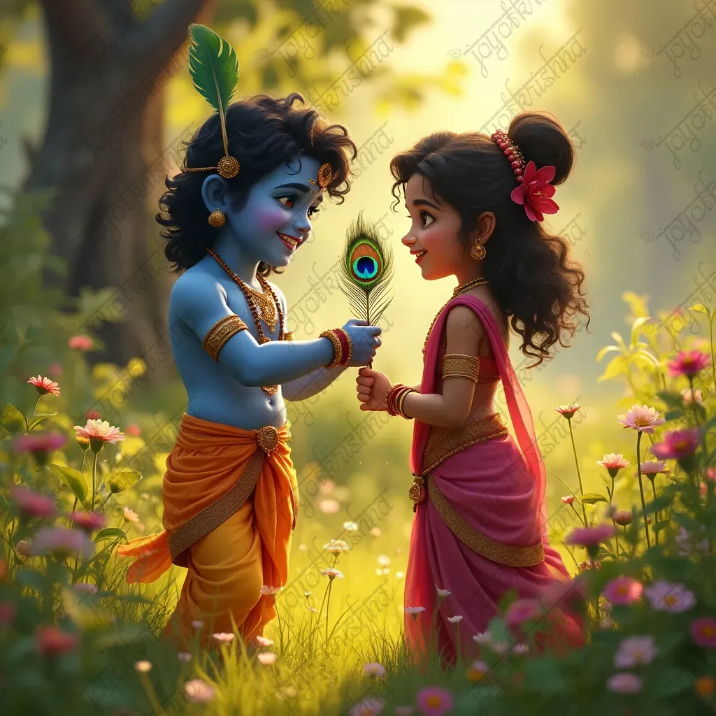 diagonal_opacity_Kid Krishna giving Radha a peacock feather as a gift_20241022_203139.webp